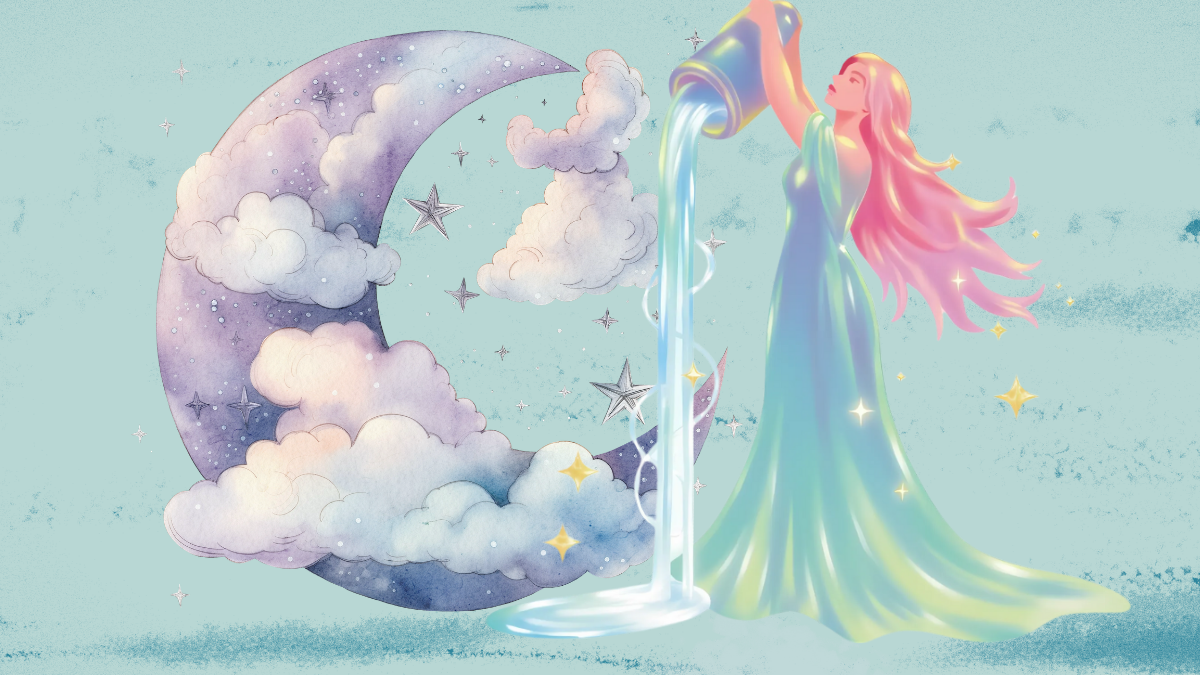 A graphic of a violet cloud and star crescent moon, a woman in a long green gown, pouring a container of water representing the sign of Aquarius, on a pastel green background.